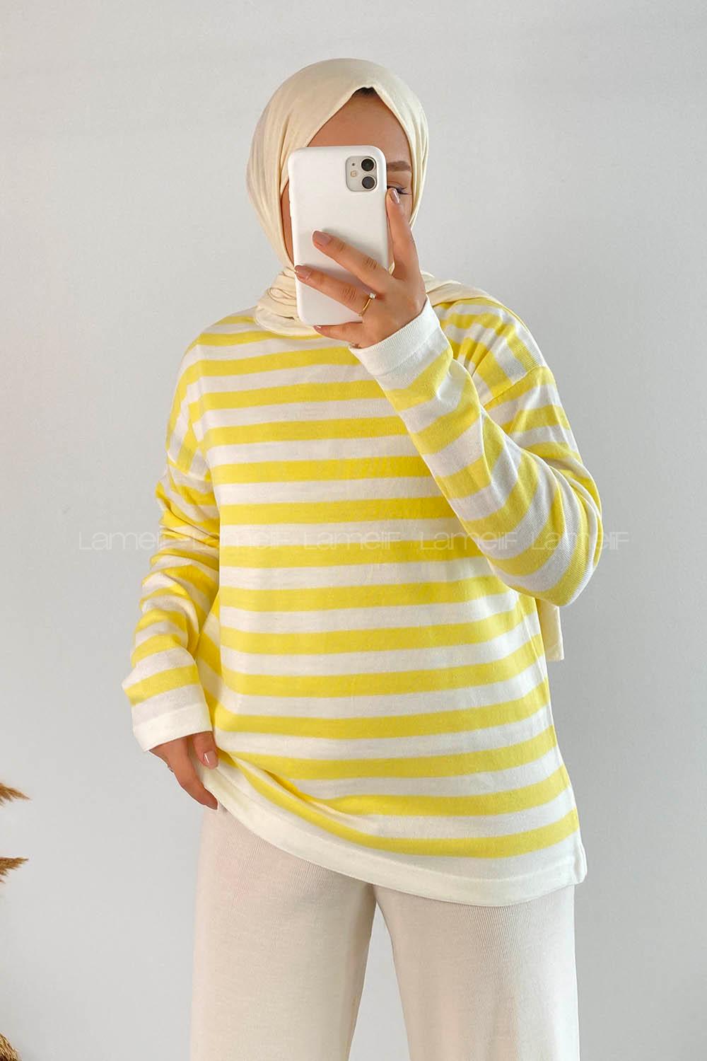 Modalamelif Bisiklet Yaka Çizgili Kazak Sarı
