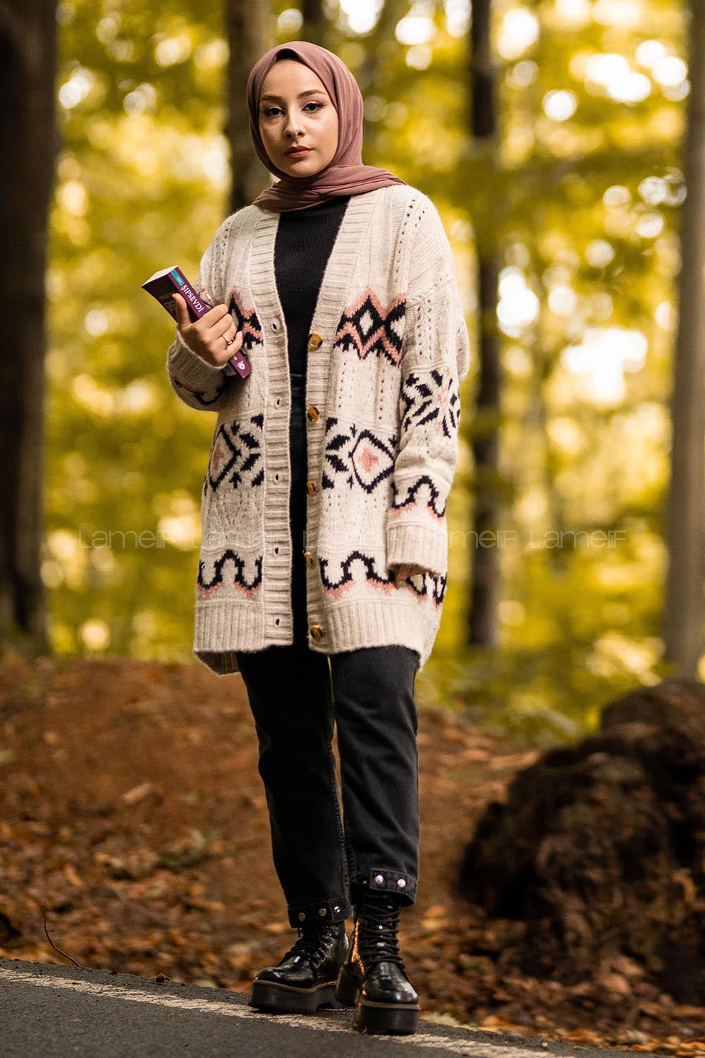 Modalamelif Boydan Düğmeli Etnik Desenli Hırka Bej