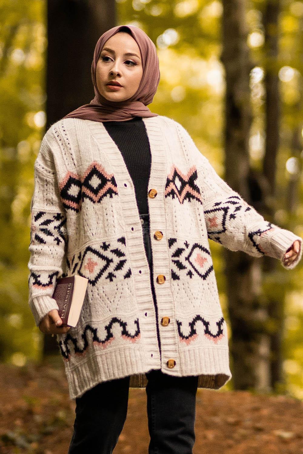 Modalamelif Boydan Düğmeli Etnik Desenli Hırka Bej