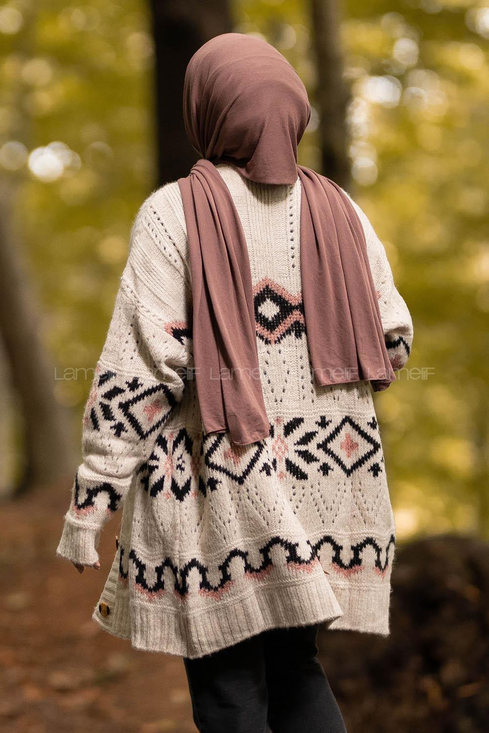 Modalamelif Boydan Düğmeli Etnik Desenli Hırka Bej