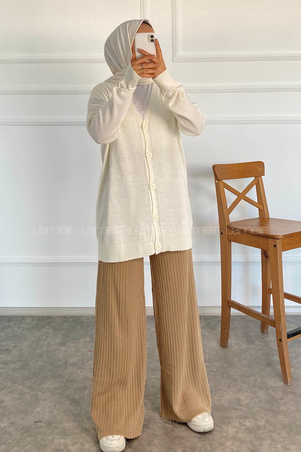 Modalamelif Boydan Düğmeli Ovarsize  Hırka Ekru