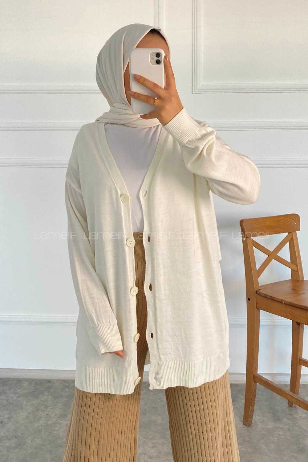 Modalamelif Boydan Düğmeli Ovarsize  Hırka Ekru