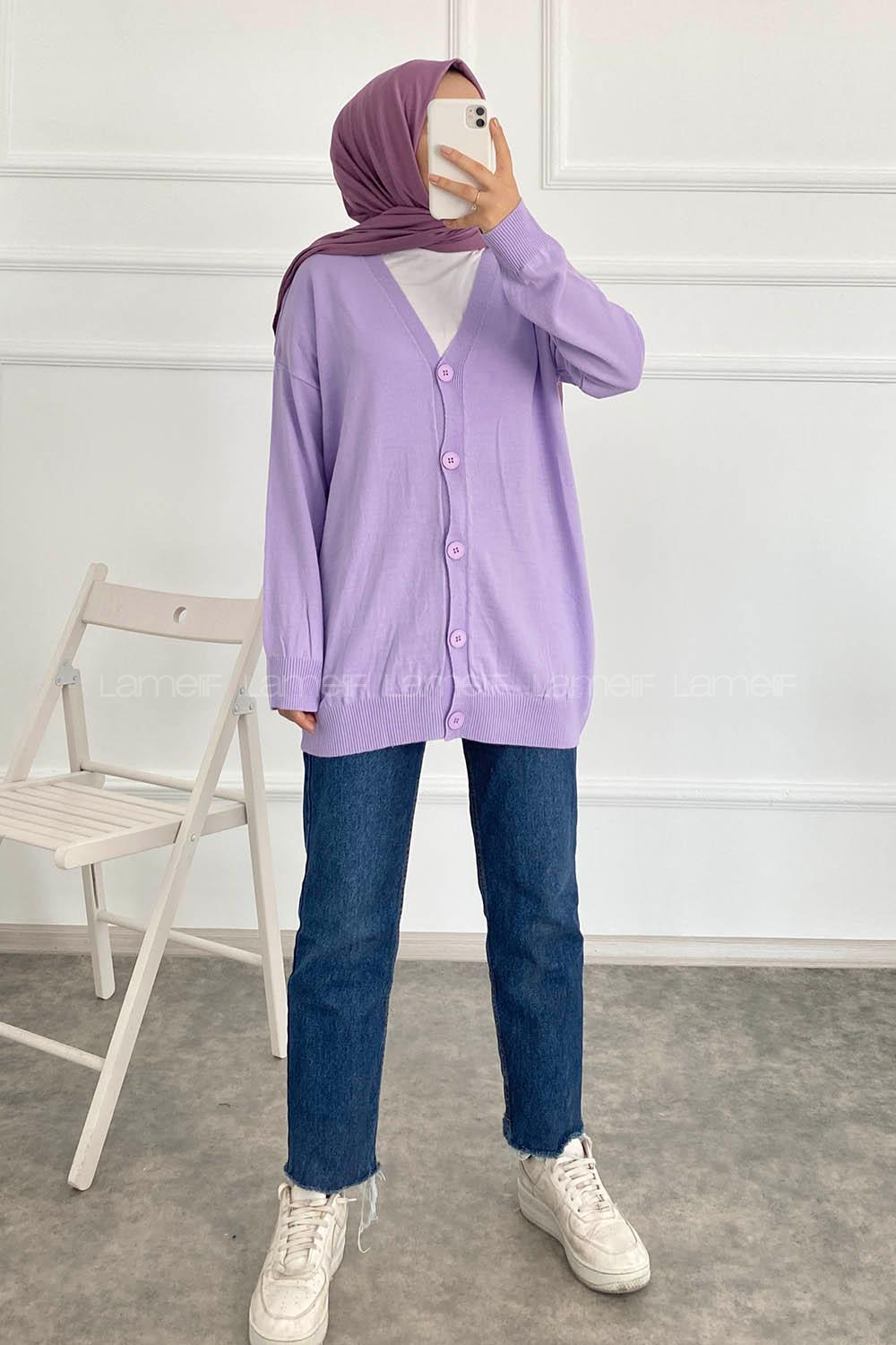 Modalamelif Boydan Düğmeli Ovarsize Hırka Lila
