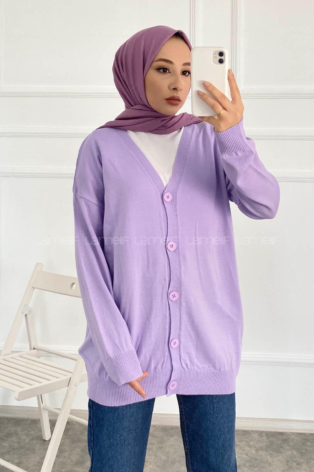 Modalamelif Boydan Düğmeli Ovarsize Hırka Lila