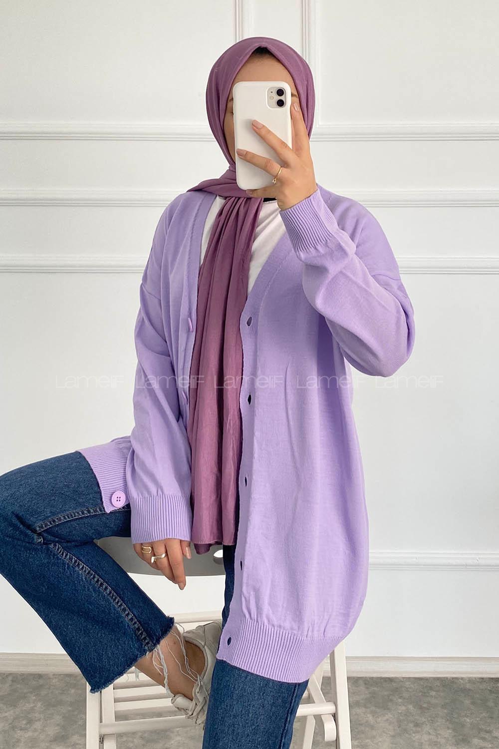 Modalamelif Boydan Düğmeli Ovarsize Hırka Lila