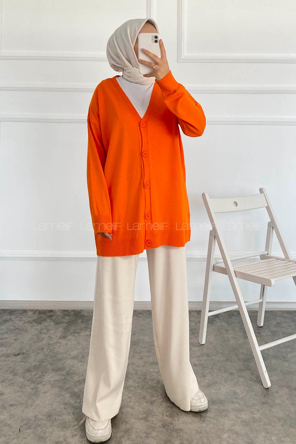 Modalamelif Boydan Düğmeli Ovarsize  Hırka Oranj