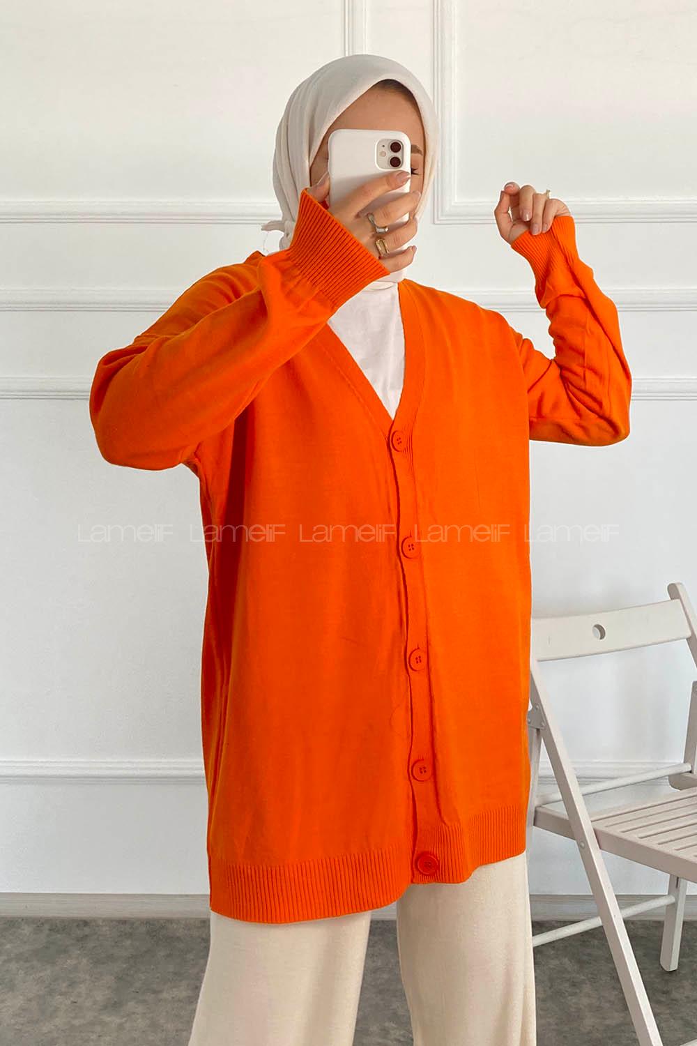 Modalamelif Boydan Düğmeli Ovarsize  Hırka Oranj