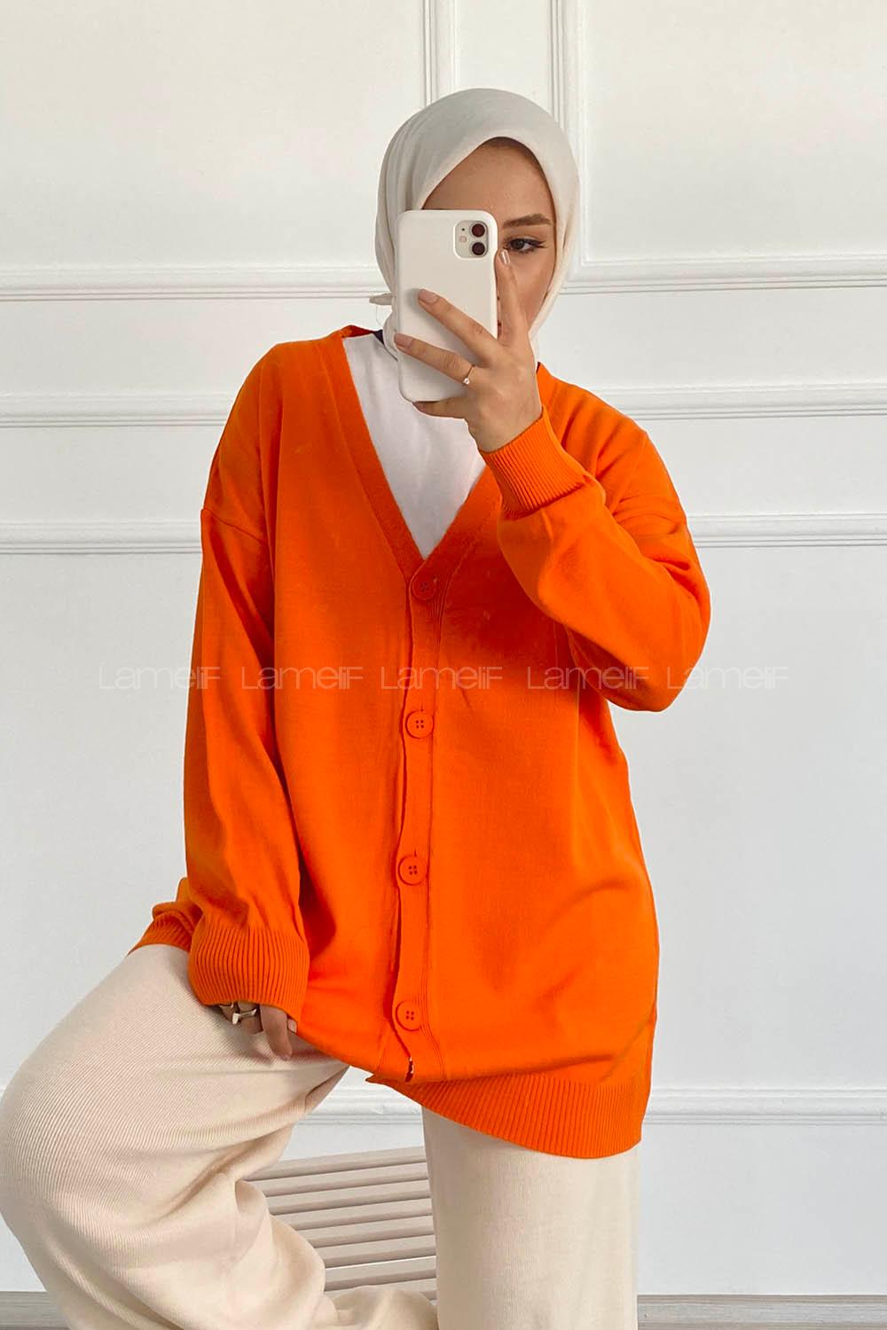 Modalamelif Boydan Düğmeli Ovarsize  Hırka Oranj