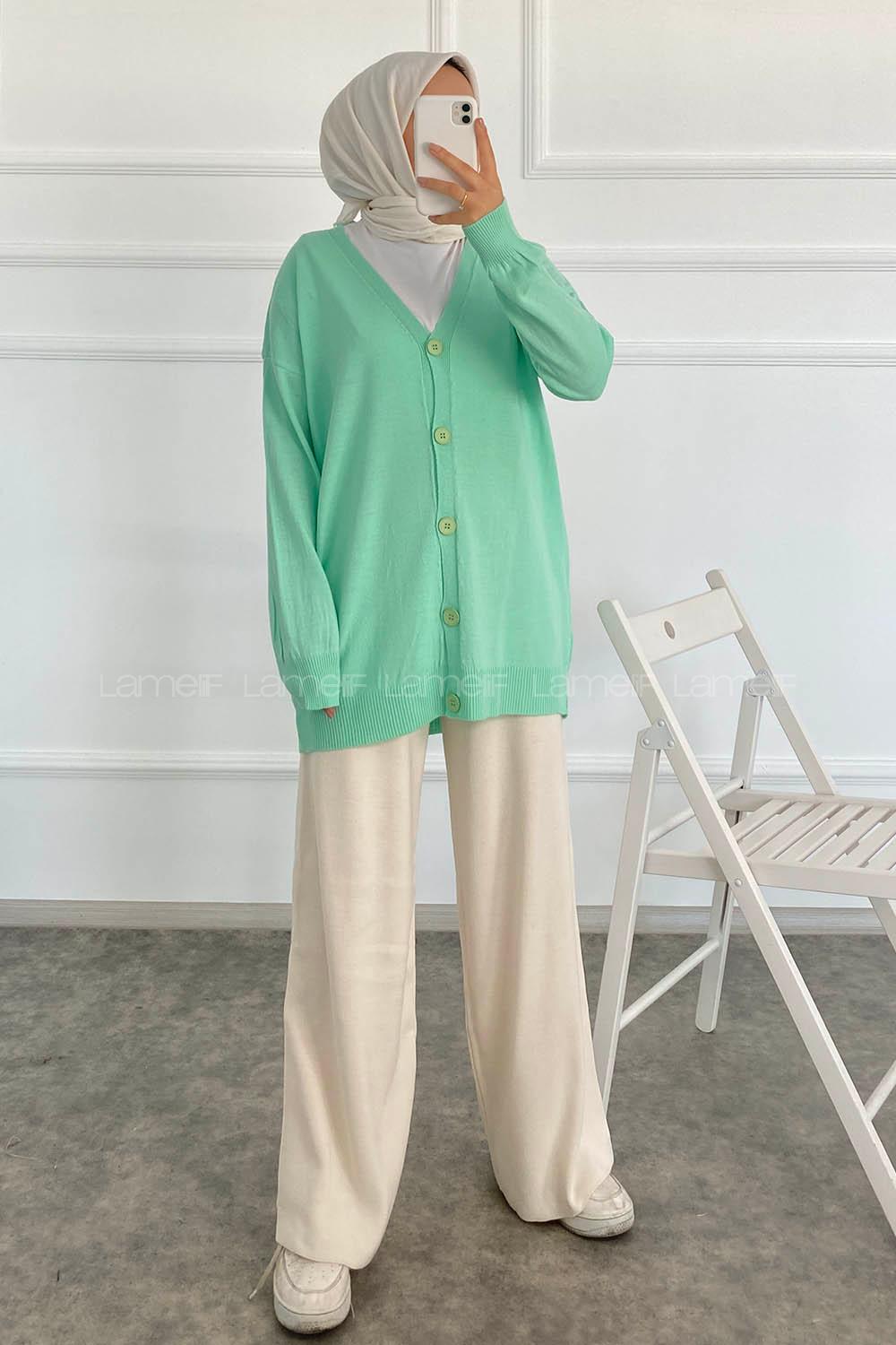 Modalamelif Boydan Düğmeli Ovarsize  Hırka Su Yeşili