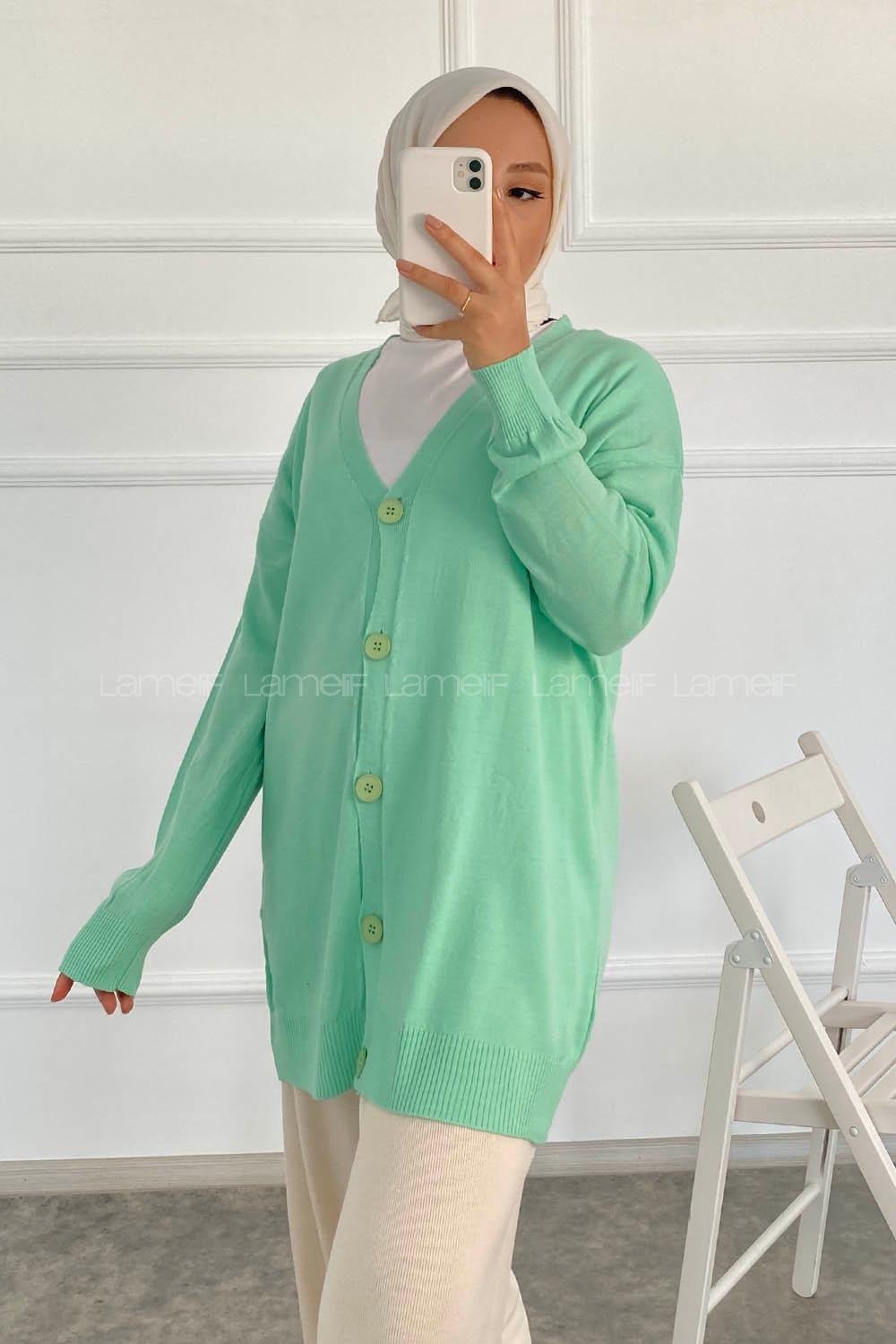 Modalamelif Boydan Düğmeli Ovarsize  Hırka Su Yeşili