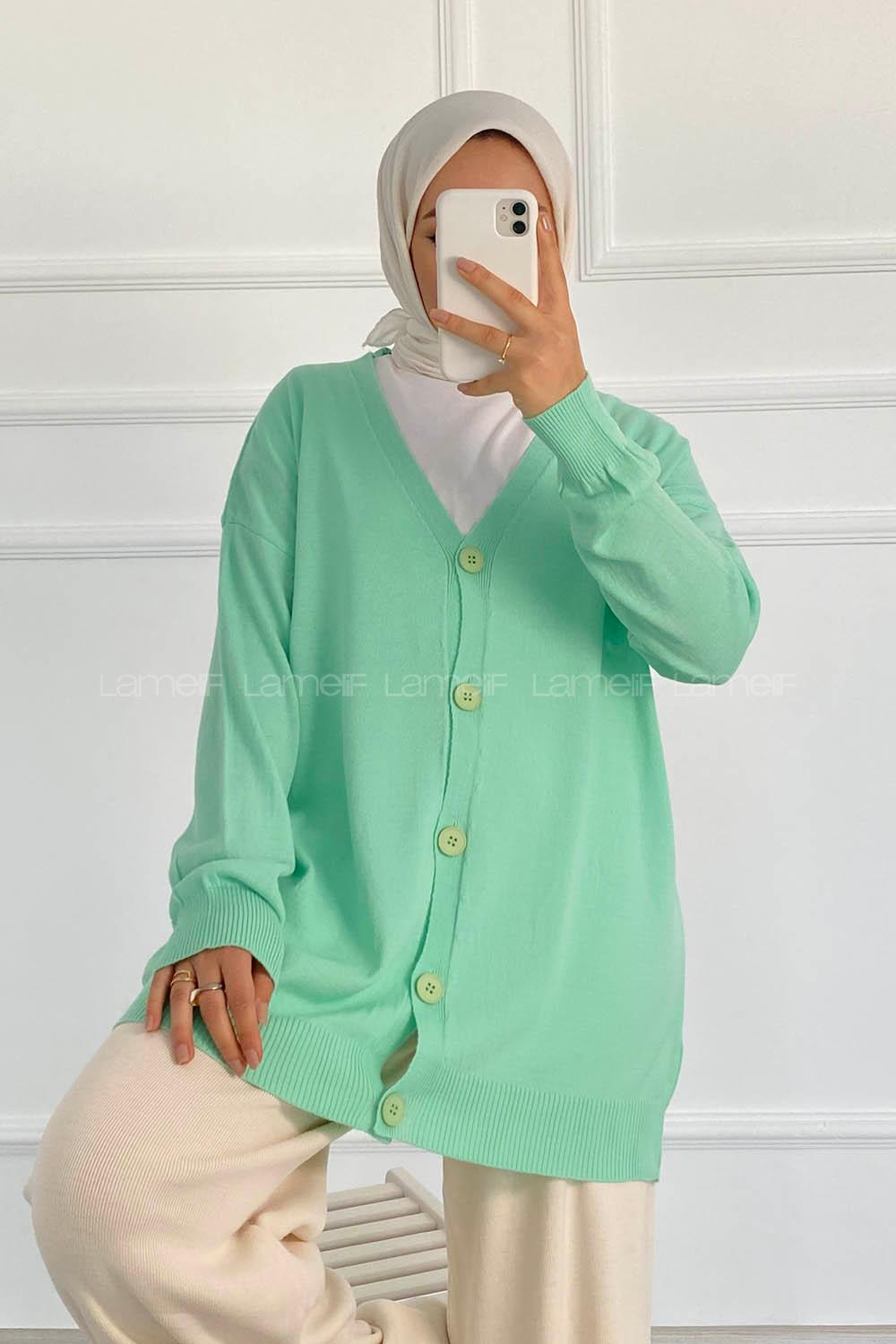 Modalamelif Boydan Düğmeli Ovarsize  Hırka Su Yeşili