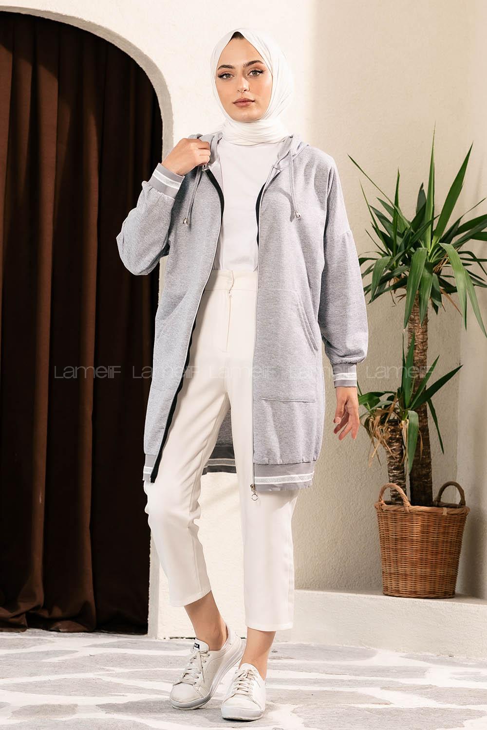 Modalamelif Boydan Fermuarlı Kol Ve Etek Ucu Ribanalı Hırka Gri