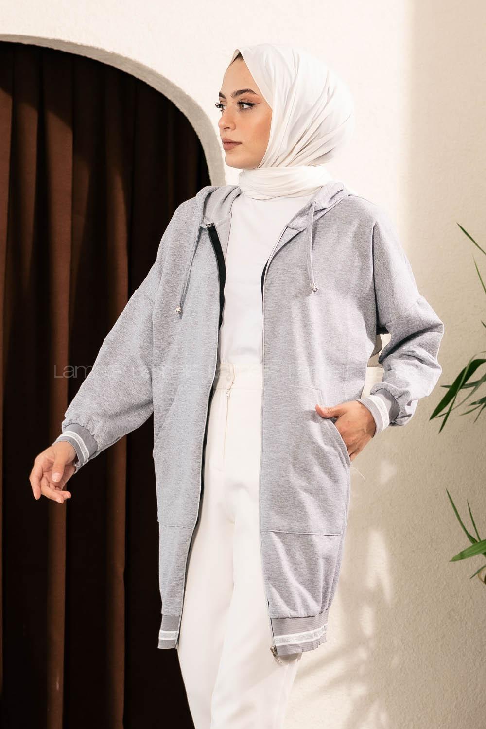 Modalamelif Boydan Fermuarlı Kol Ve Etek Ucu Ribanalı Hırka Gri