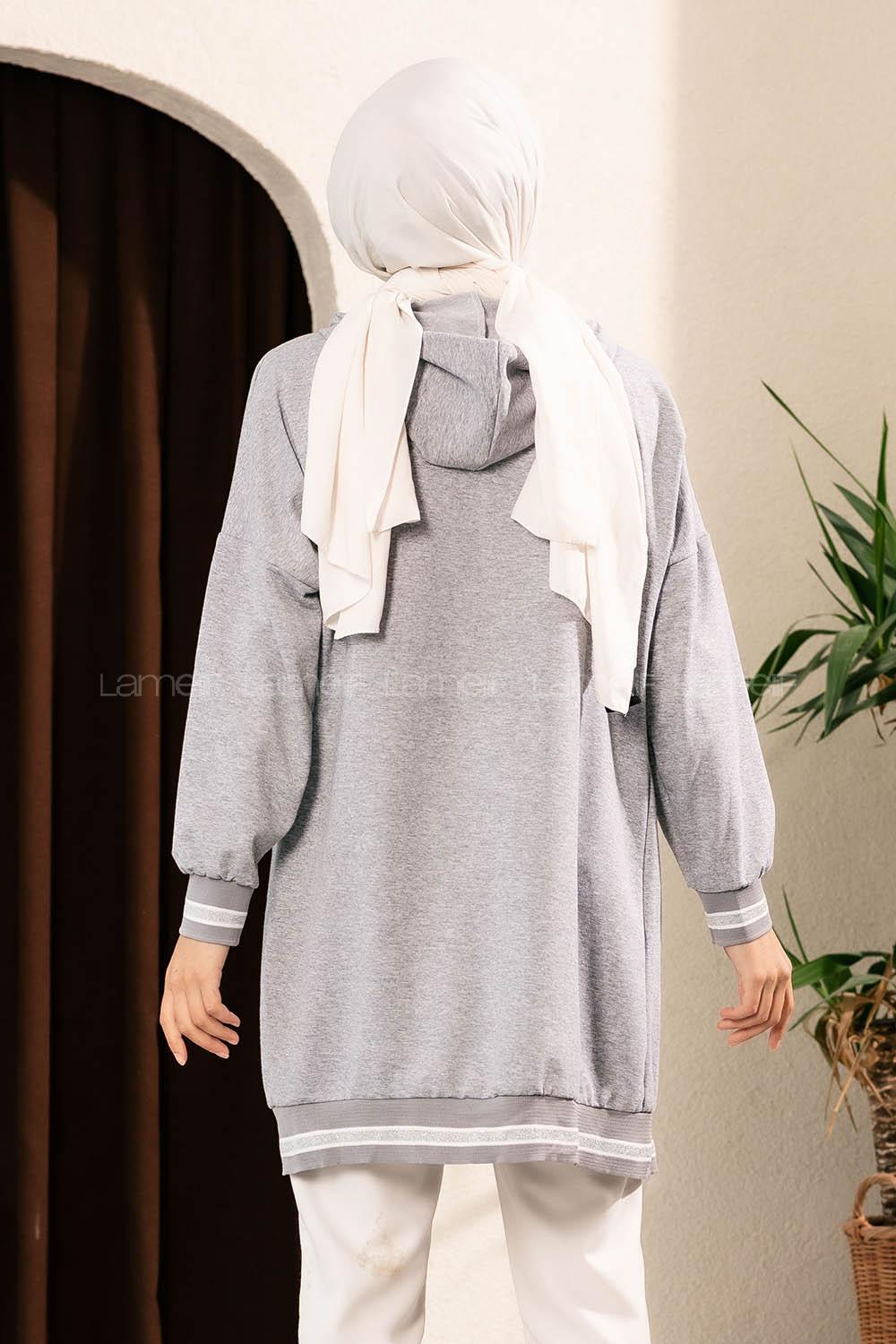 Modalamelif Boydan Fermuarlı Kol Ve Etek Ucu Ribanalı Hırka Gri