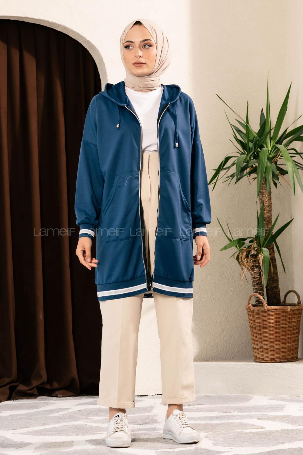 Modalamelif Boydan Fermuarlı Kol Ve Etek Ucu Ribanalı Hırka İndigo