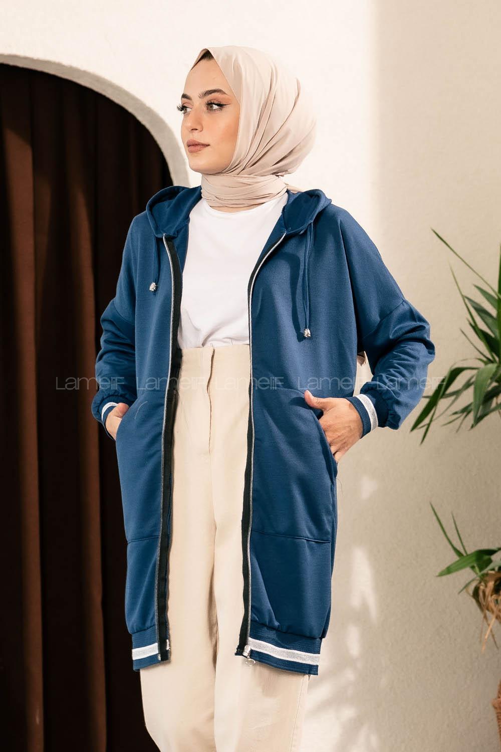 Modalamelif Boydan Fermuarlı Kol Ve Etek Ucu Ribanalı Hırka İndigo