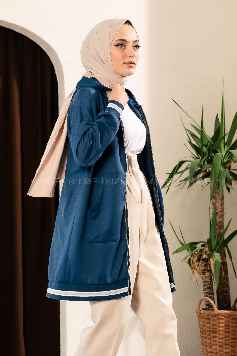 Modalamelif Boydan Fermuarlı Kol Ve Etek Ucu Ribanalı Hırka İndigo