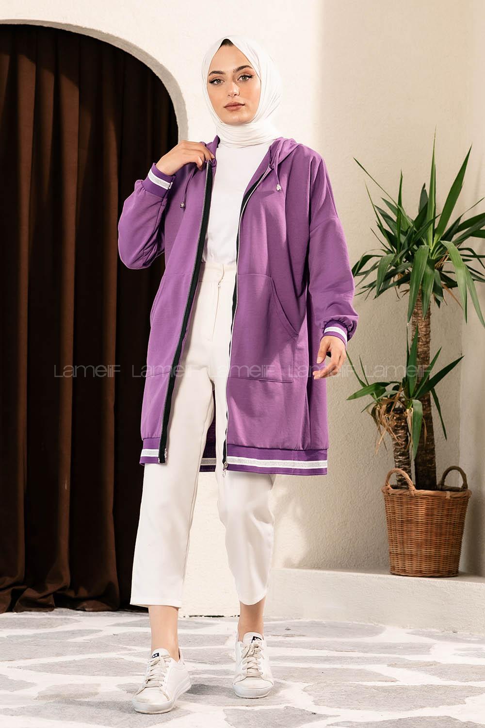 Modalamelif Boydan Fermuarlı Kol Ve Etek Ucu Ribanalı Hırka Mor