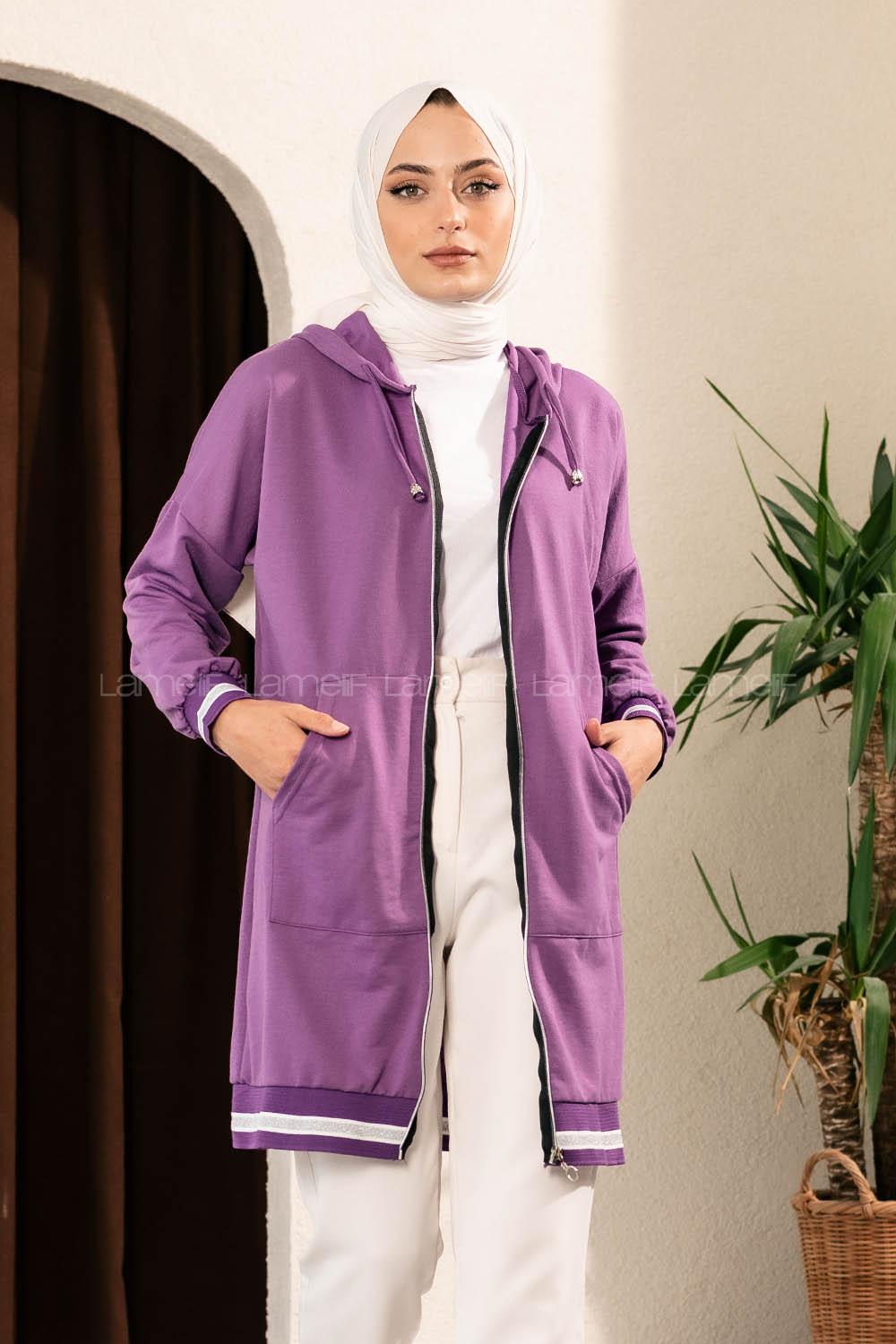 Modalamelif Boydan Fermuarlı Kol Ve Etek Ucu Ribanalı Hırka Mor