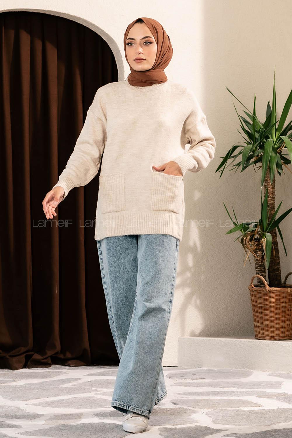 Modalamelif Çift Cepli Yarım Balıkçı Yaka Kazak Bej