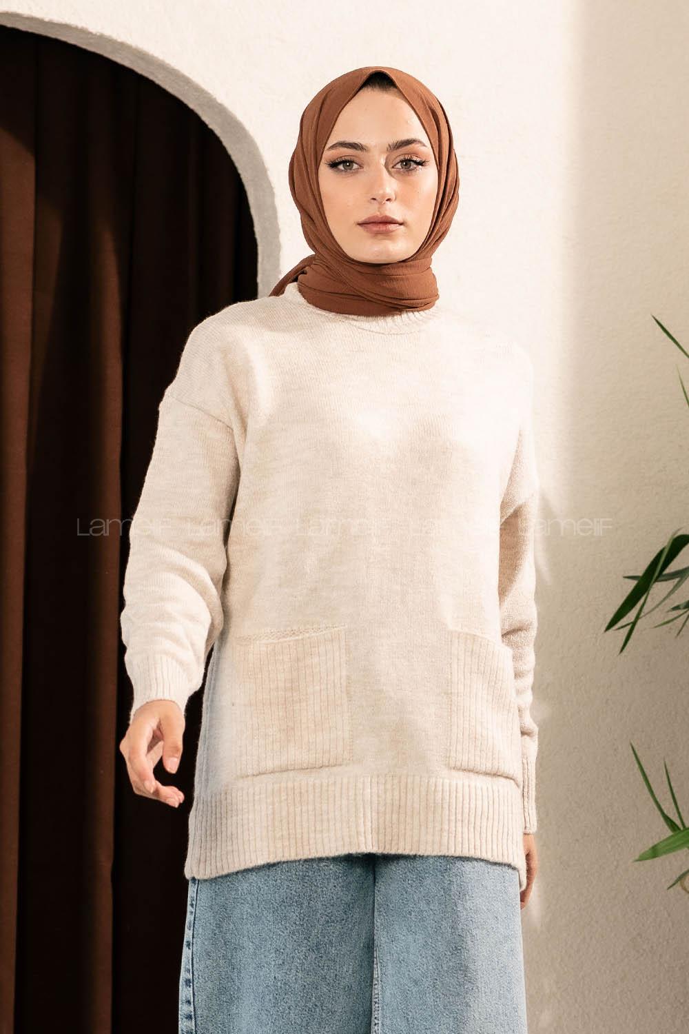 Modalamelif Çift Cepli Yarım Balıkçı Yaka Kazak Bej