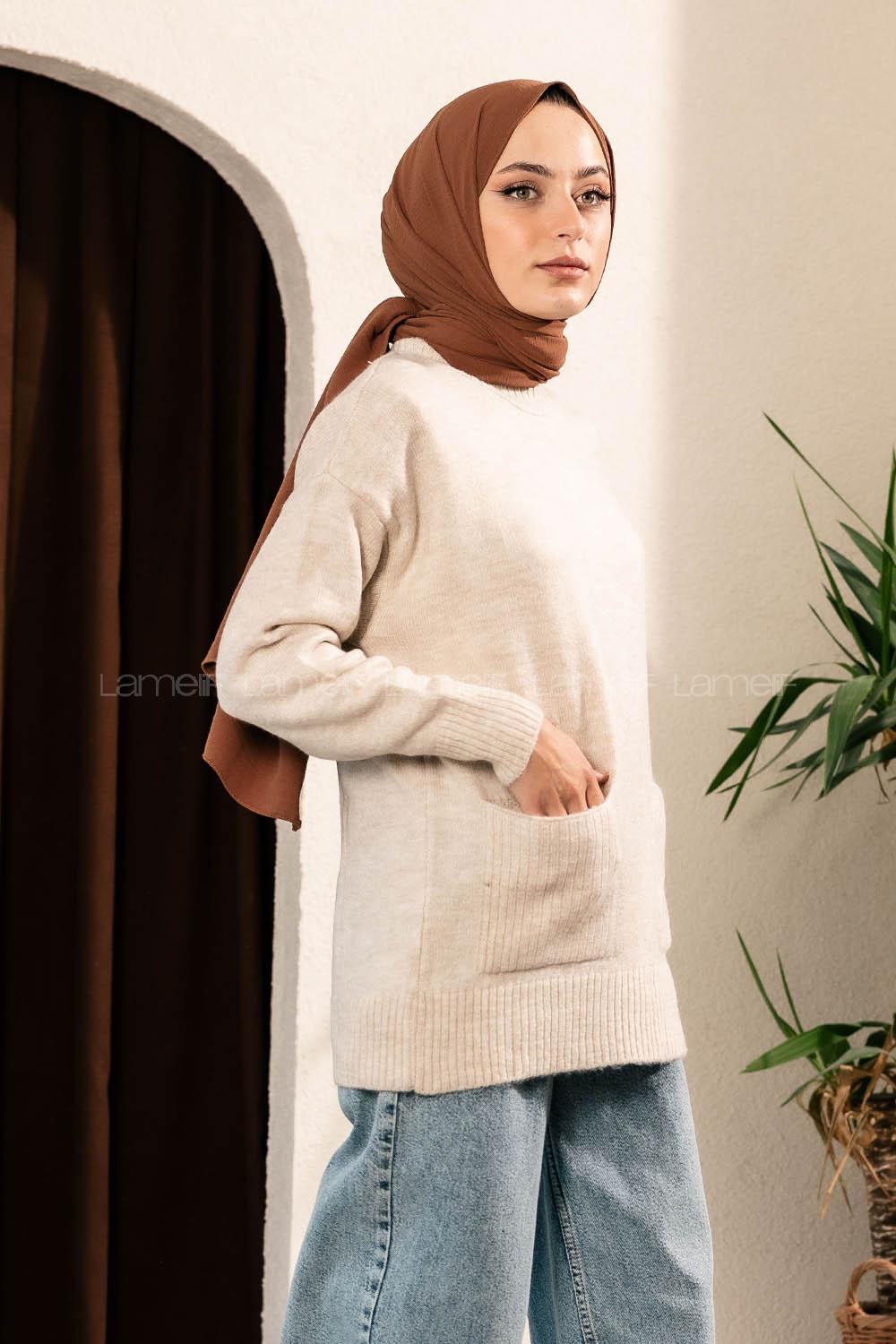 Modalamelif Çift Cepli Yarım Balıkçı Yaka Kazak Bej