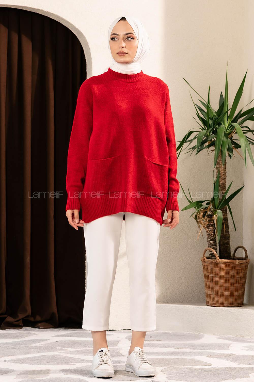 Modalamelif Çift Cepli Yarım Balıkçı Yaka Kazak Kırmızı