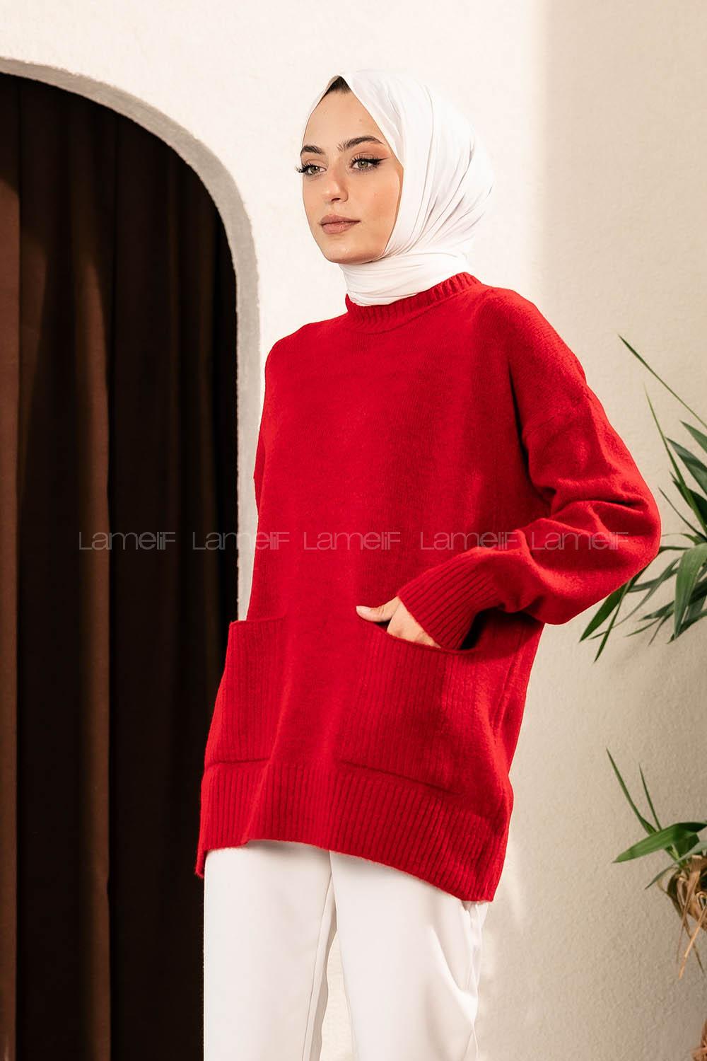 Modalamelif Çift Cepli Yarım Balıkçı Yaka Kazak Kırmızı