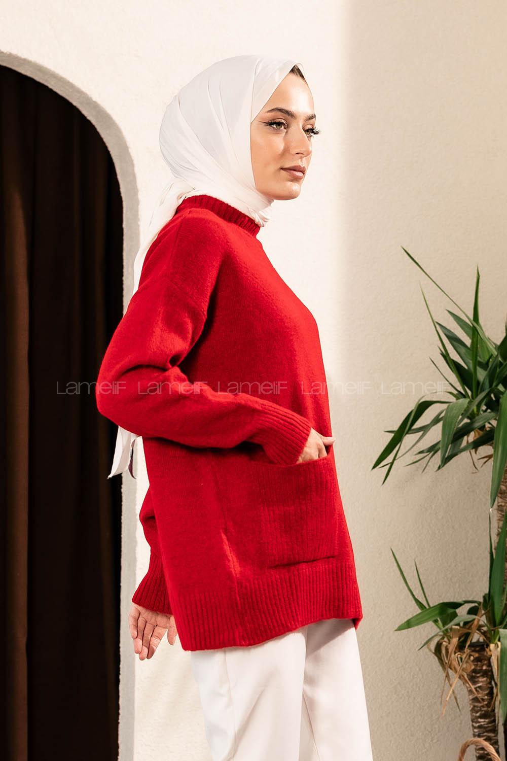 Modalamelif Çift Cepli Yarım Balıkçı Yaka Kazak Kırmızı