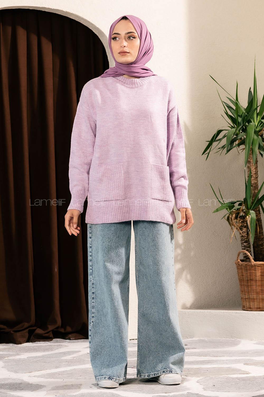 Modalamelif Çift Cepli Yarım Balıkçı Yaka Kazak Lila