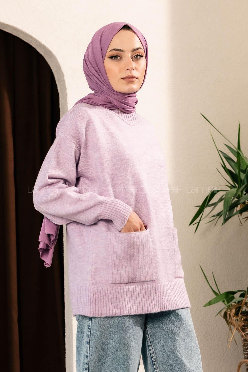 Modalamelif Çift Cepli Yarım Balıkçı Yaka Kazak Lila