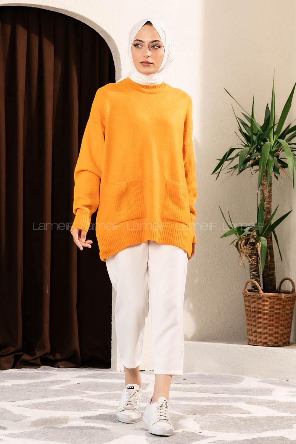 Modalamelif Çift Cepli Yarım Balıkçı Yaka Kazak Oranj