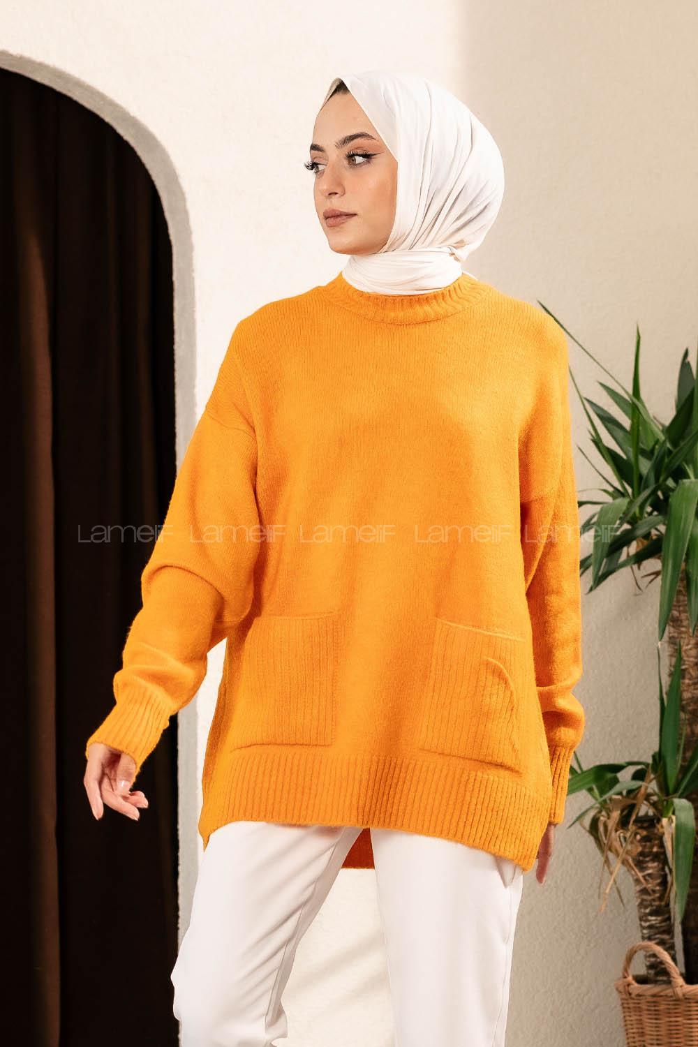 Modalamelif Çift Cepli Yarım Balıkçı Yaka Kazak Oranj