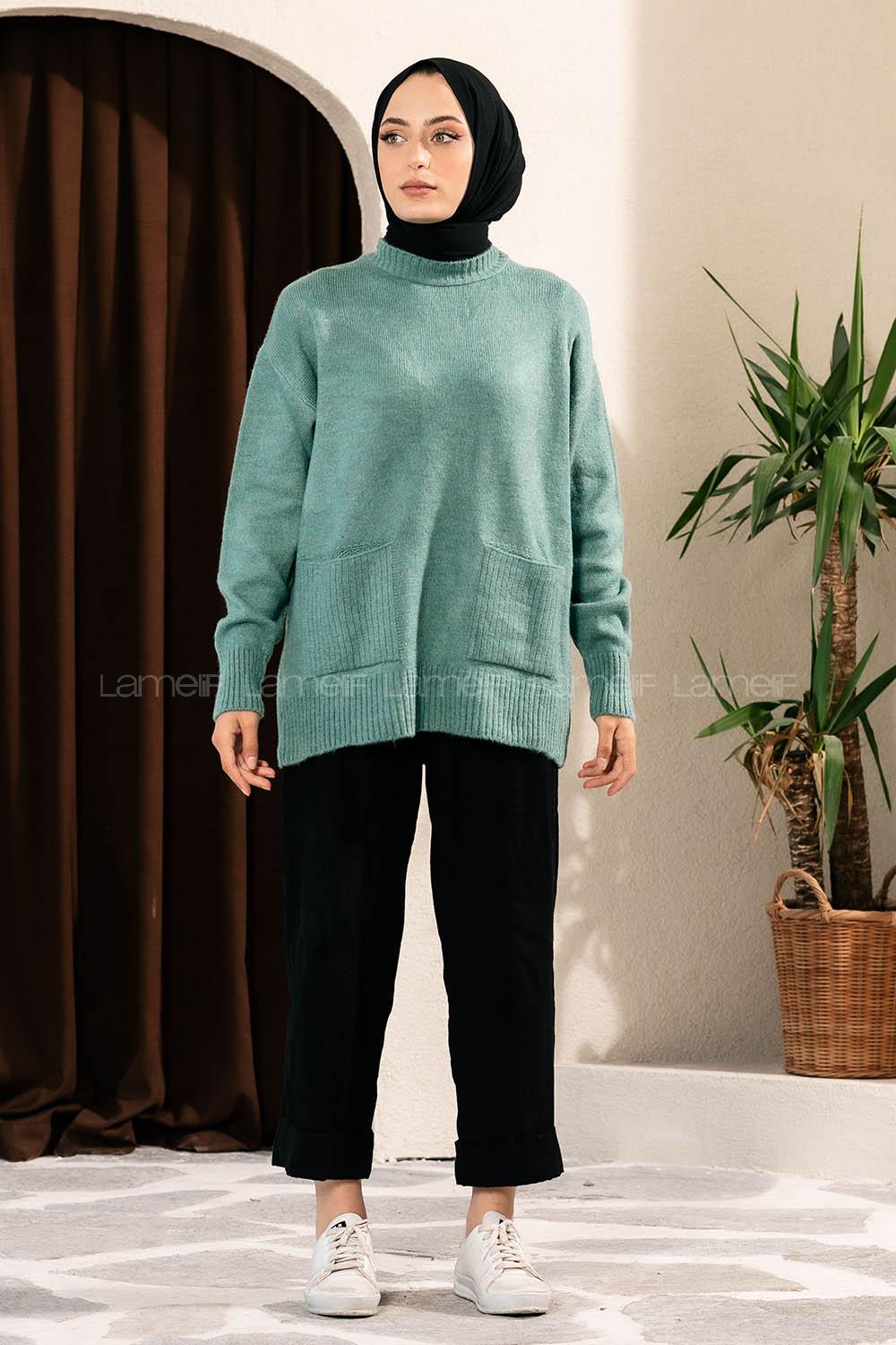 Modalamelif Çift Cepli Yarım Balıkçı Yaka Kazak Pastel Yeşili