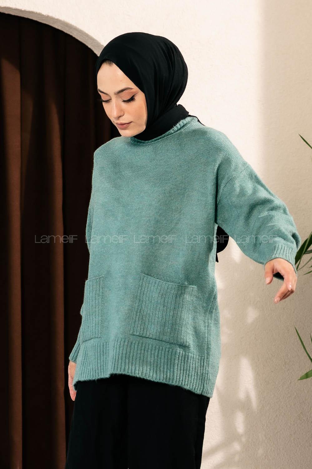 Modalamelif Çift Cepli Yarım Balıkçı Yaka Kazak Pastel Yeşili