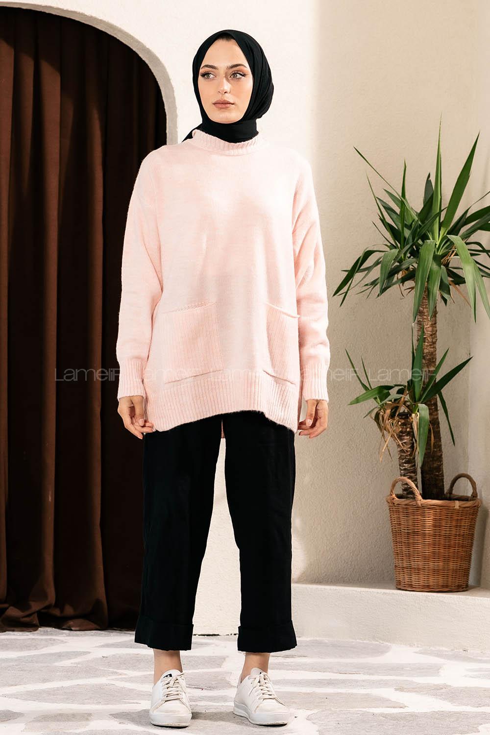 Modalamelif Çift Cepli Yarım Balıkçı Yaka Kazak Pudra