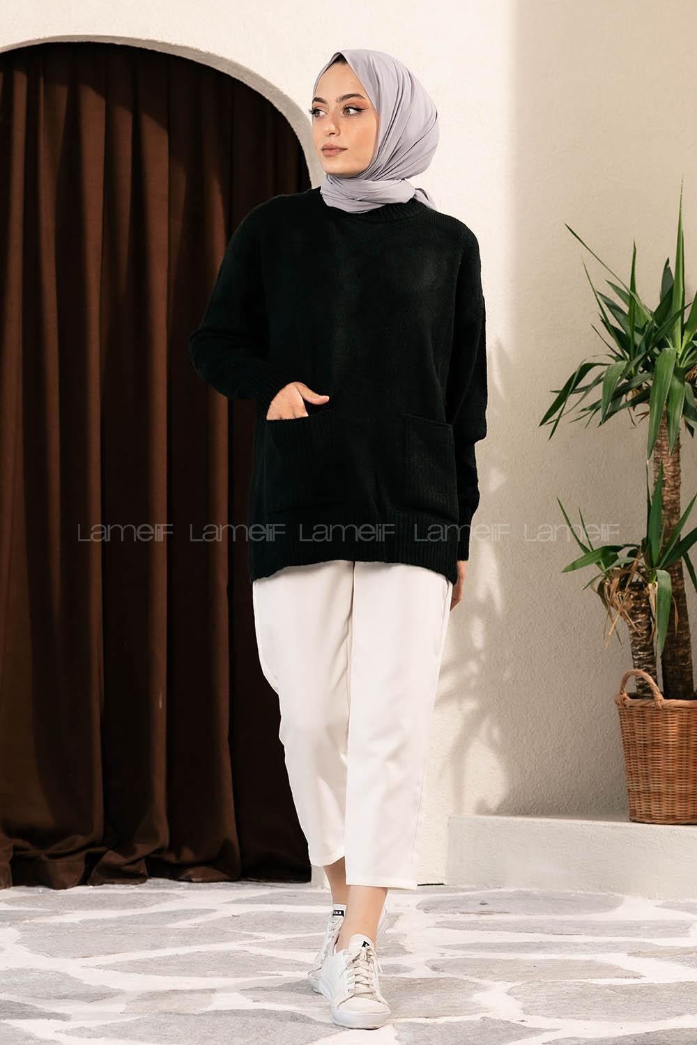 Modalamelif Çift Cepli Yarım Balıkçı Yaka Kazak Siyah