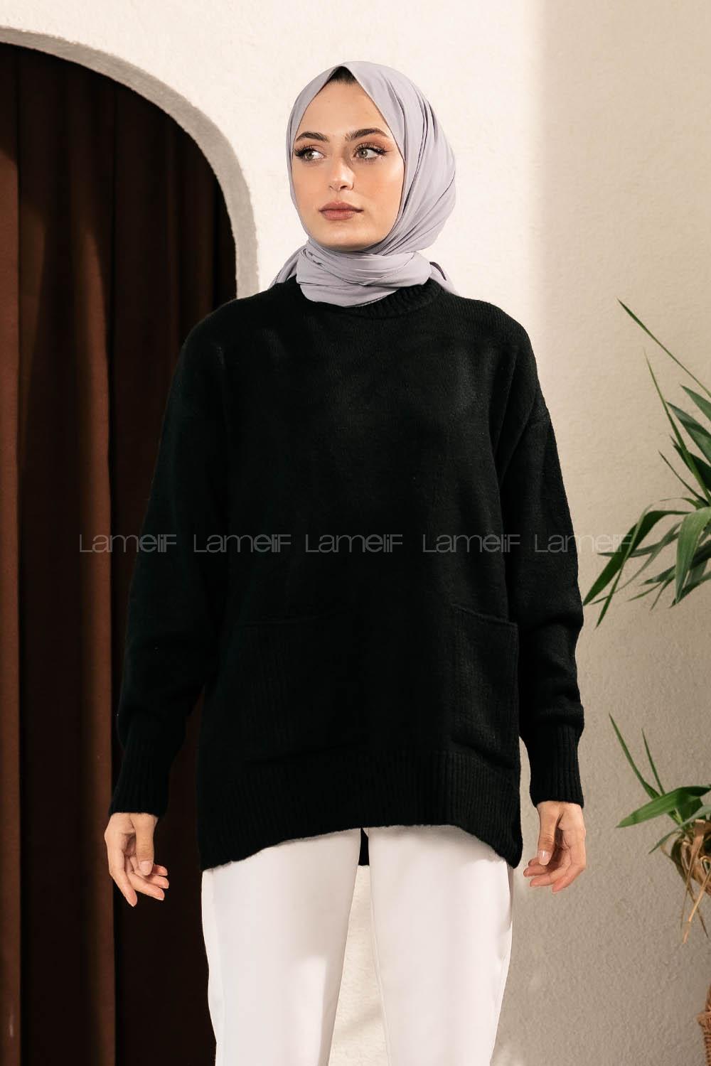 Modalamelif Çift Cepli Yarım Balıkçı Yaka Kazak Siyah