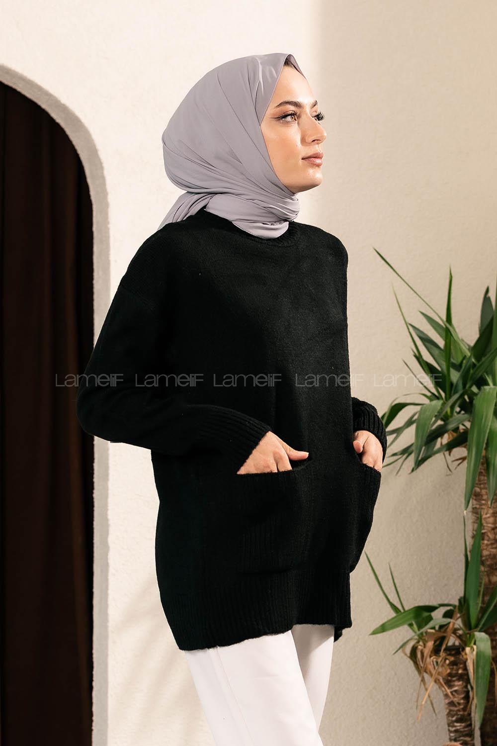 Modalamelif Çift Cepli Yarım Balıkçı Yaka Kazak Siyah