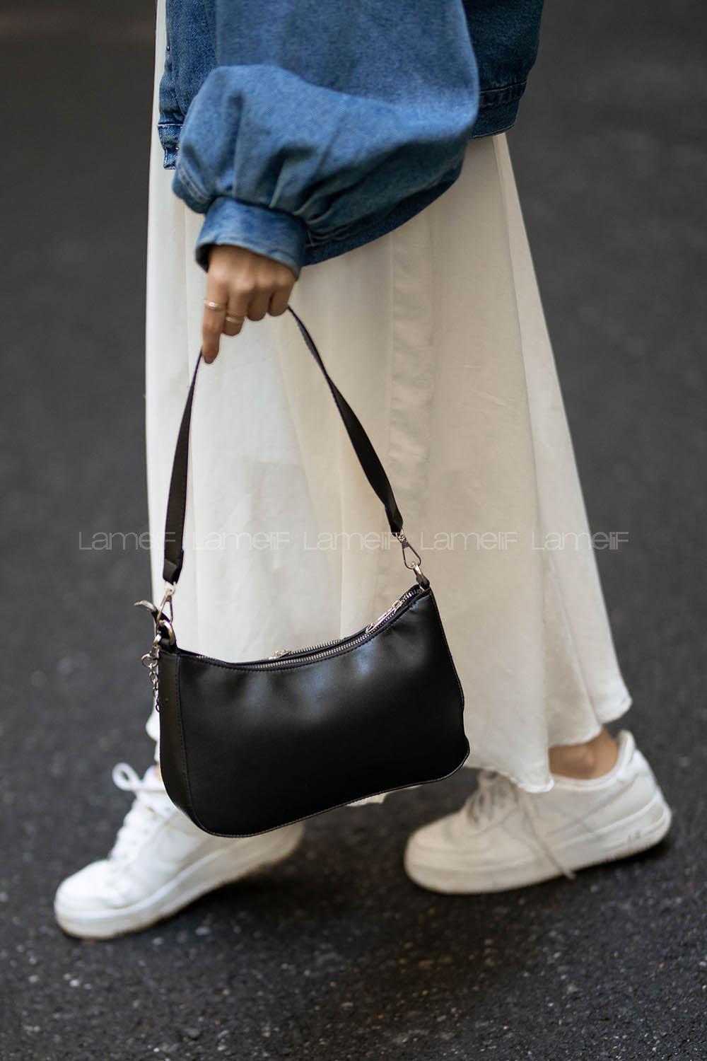 Modalamelif Cüzdan Aksesuarlı Gizli Cep Bölmeli Baget Çanta Siyah