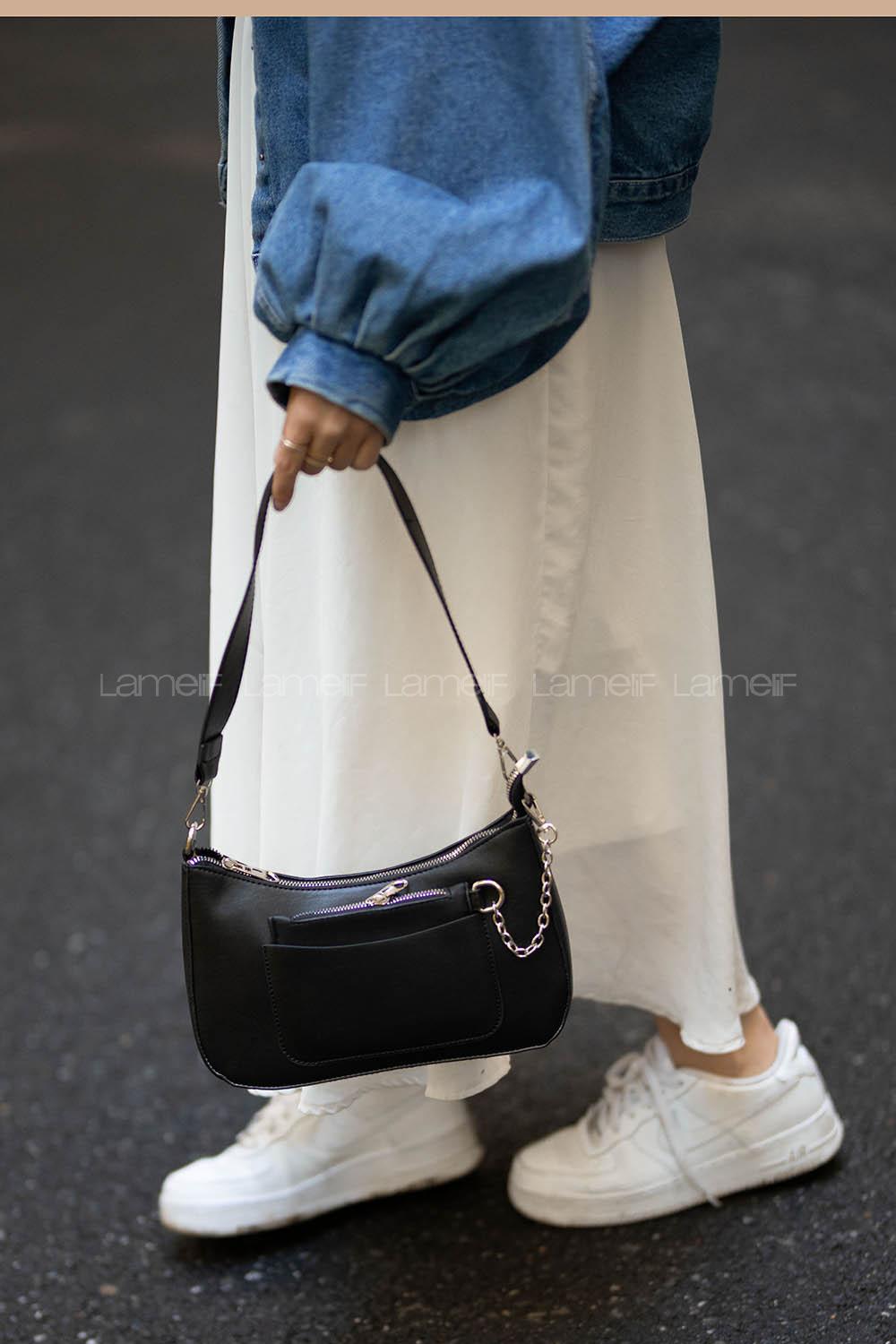 Modalamelif Cüzdan Aksesuarlı Gizli Cep Bölmeli Baget Çanta Siyah