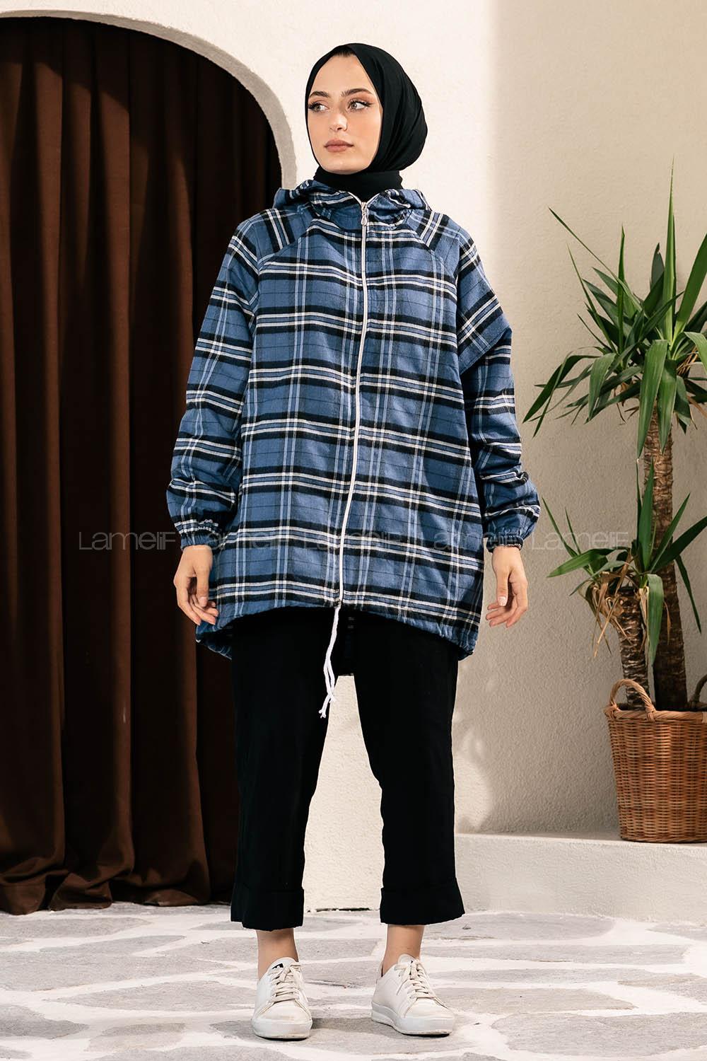 Modalamelif Ekose Desen Kapüşonlu Salaş Kap İndigo