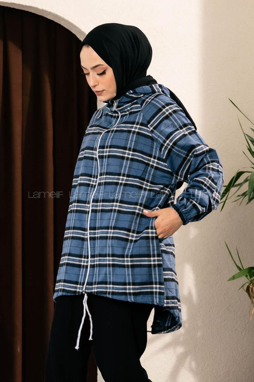 Modalamelif Ekose Desen Kapüşonlu Salaş Kap İndigo