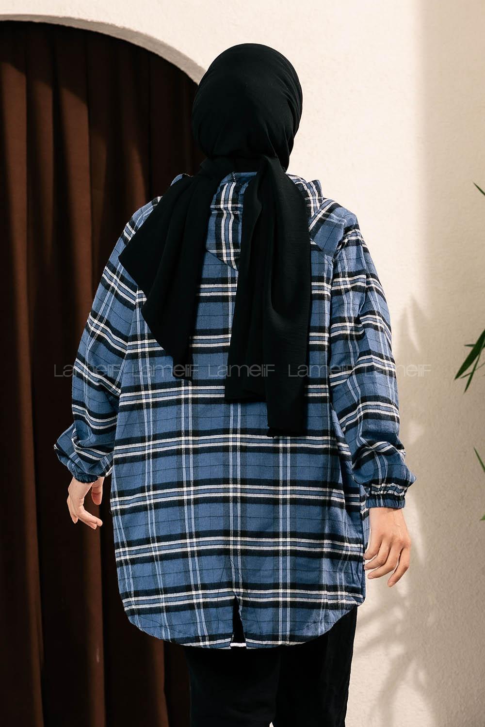 Modalamelif Ekose Desen Kapüşonlu Salaş Kap İndigo