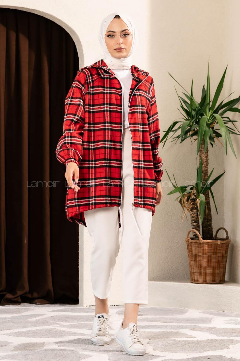 Modalamelif Ekose Desen Kapüşonlu Salaş Kap Kırmızı