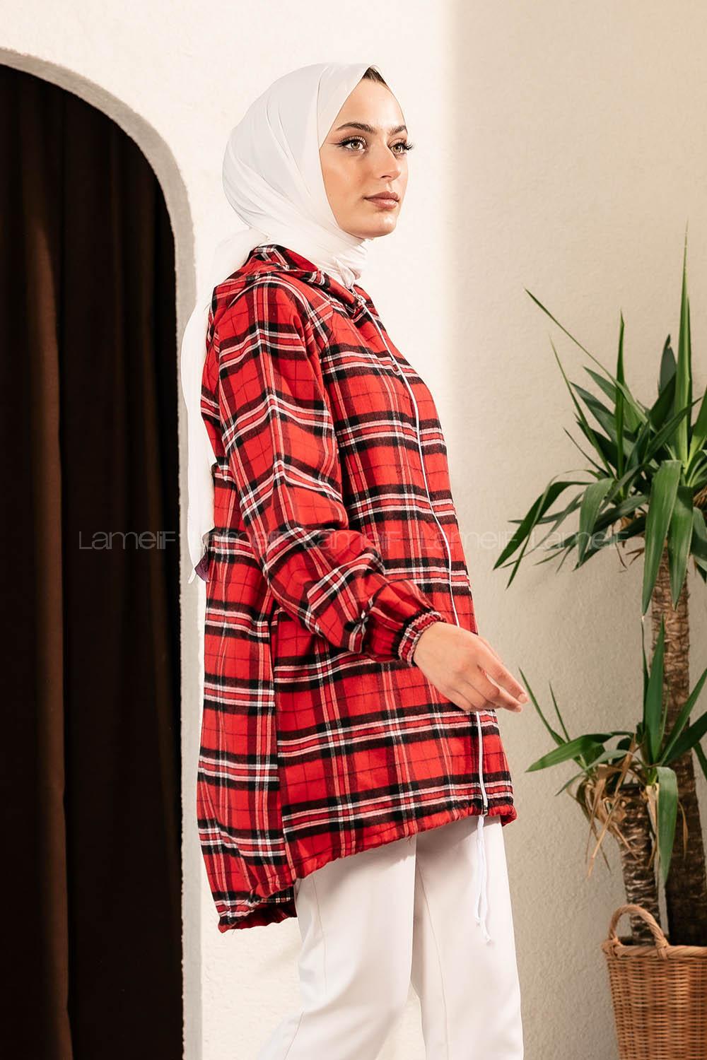 Modalamelif Ekose Desen Kapüşonlu Salaş Kap Kırmızı