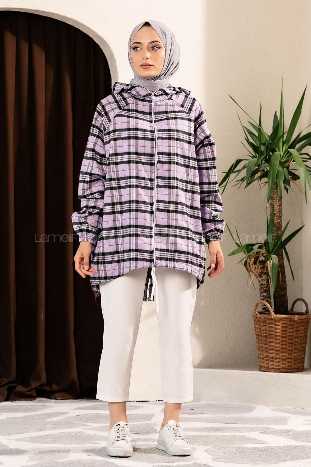 Modalamelif Ekose Desen Kapüşonlu Salaş Kap Lila