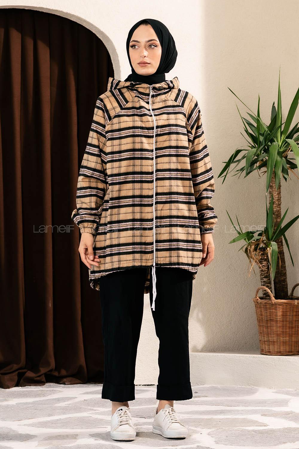 Modalamelif Ekose Desen Kapüşonlu Salaş Kap Sütlü Kahve