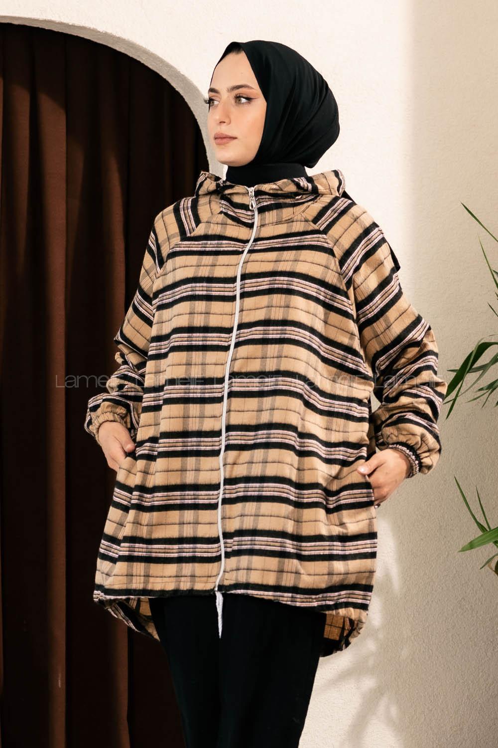 Modalamelif Ekose Desen Kapüşonlu Salaş Kap Sütlü Kahve