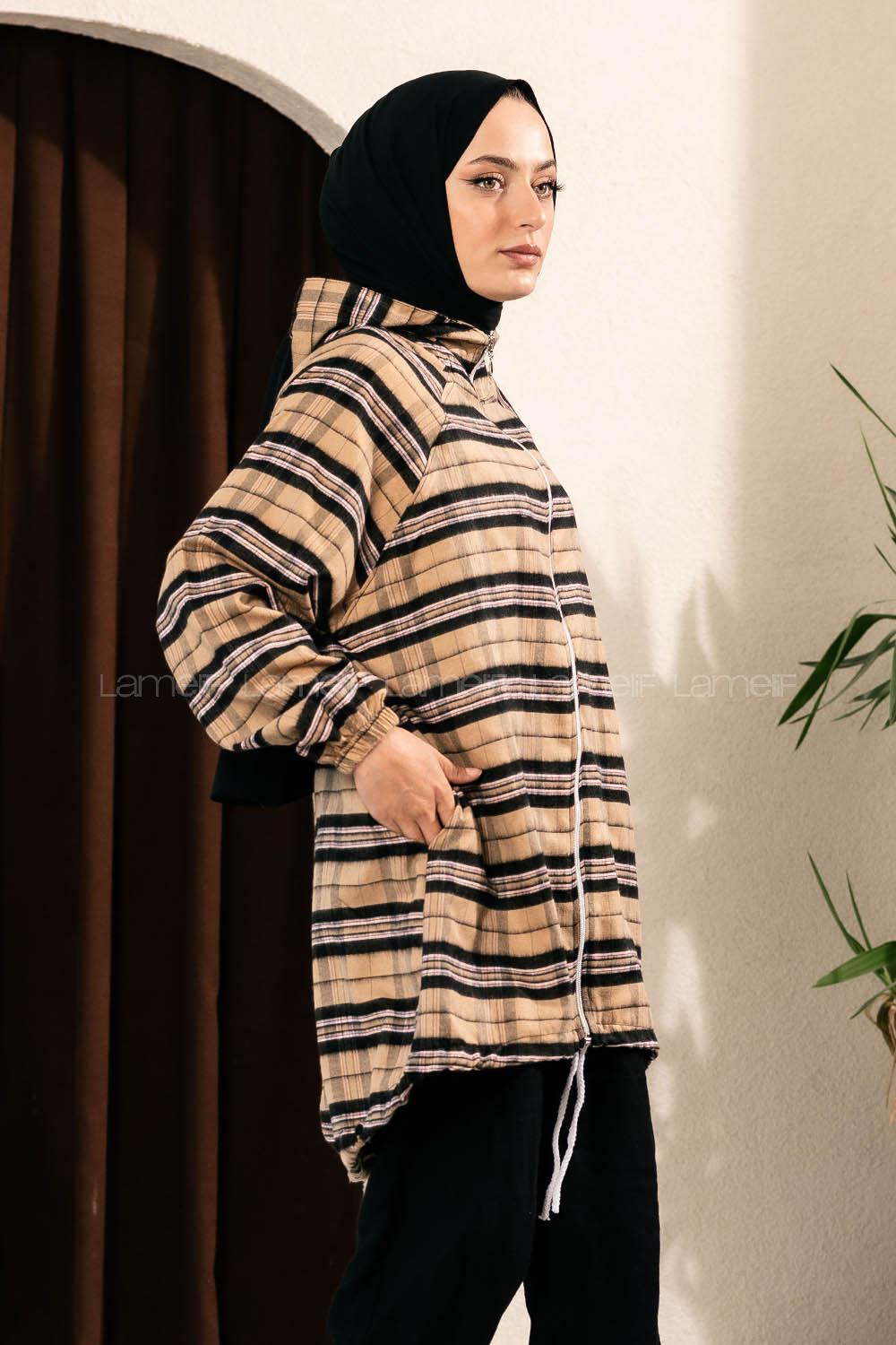 Modalamelif Ekose Desen Kapüşonlu Salaş Kap Sütlü Kahve